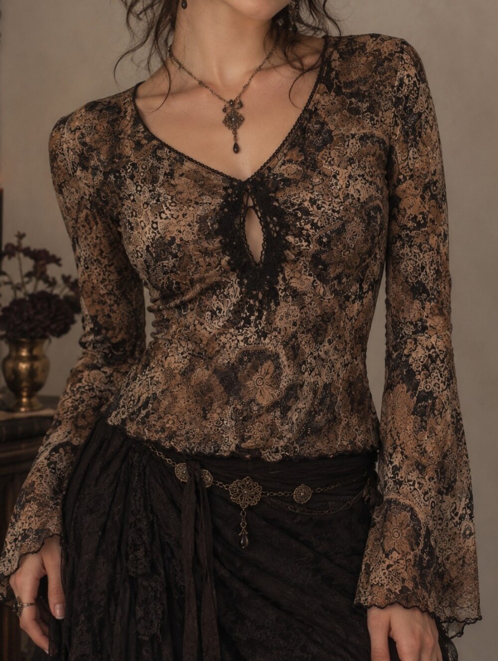 Whimsigoth Witchy Y2k Crochet Keyhole Regency Bell Sleeve Brown Gothic Print Top